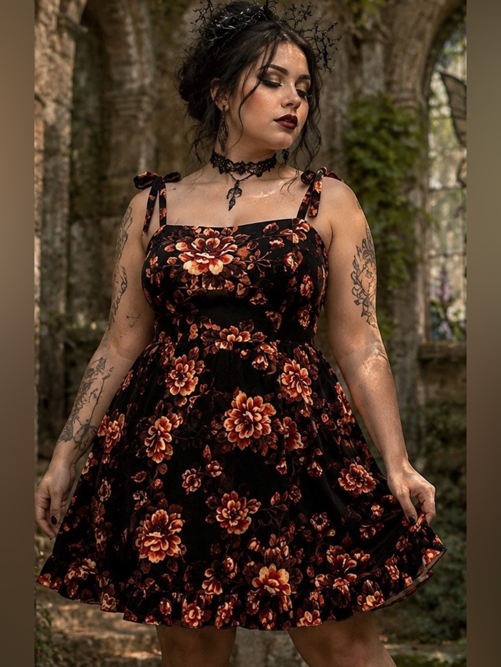 NWT Torrid Babydoll Dress 90s Velvet Grunge Floral Stretchy Whimsigoth Y2K
